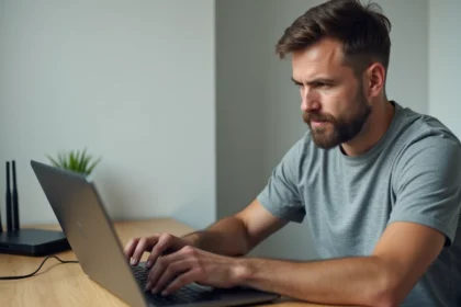 Homme accédant à l'interface d'administration de sa box internet via un navigateur sur un ordinateur portable