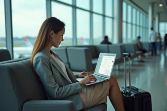 Femme professionnelle accédant à sa messagerie webmail sur un ordinateur portable dans un salon d'aéroport pendant un voyage d'affaires