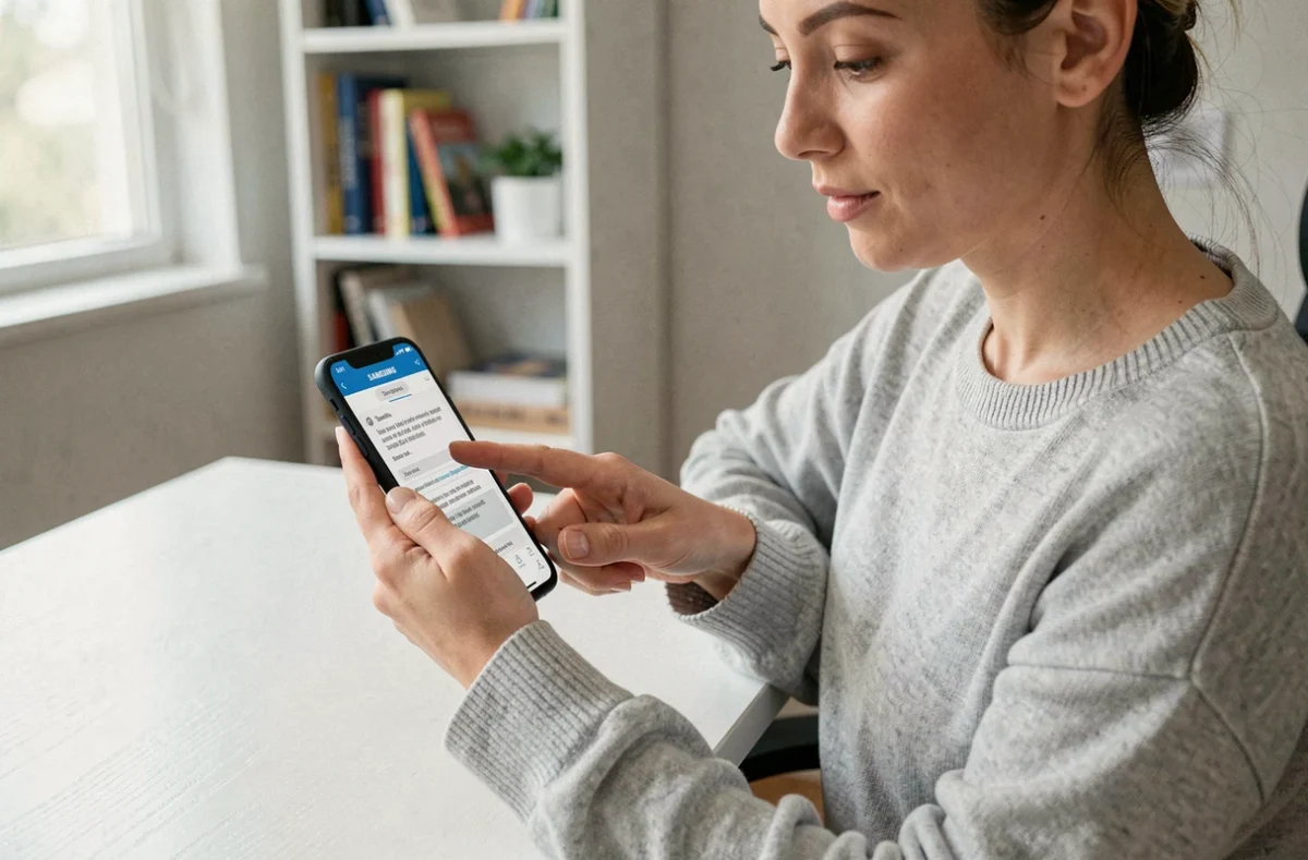 Femme utilisant un geste tactile sur Samsung Galaxy pour accéder au presse-papier via un raccourci caché