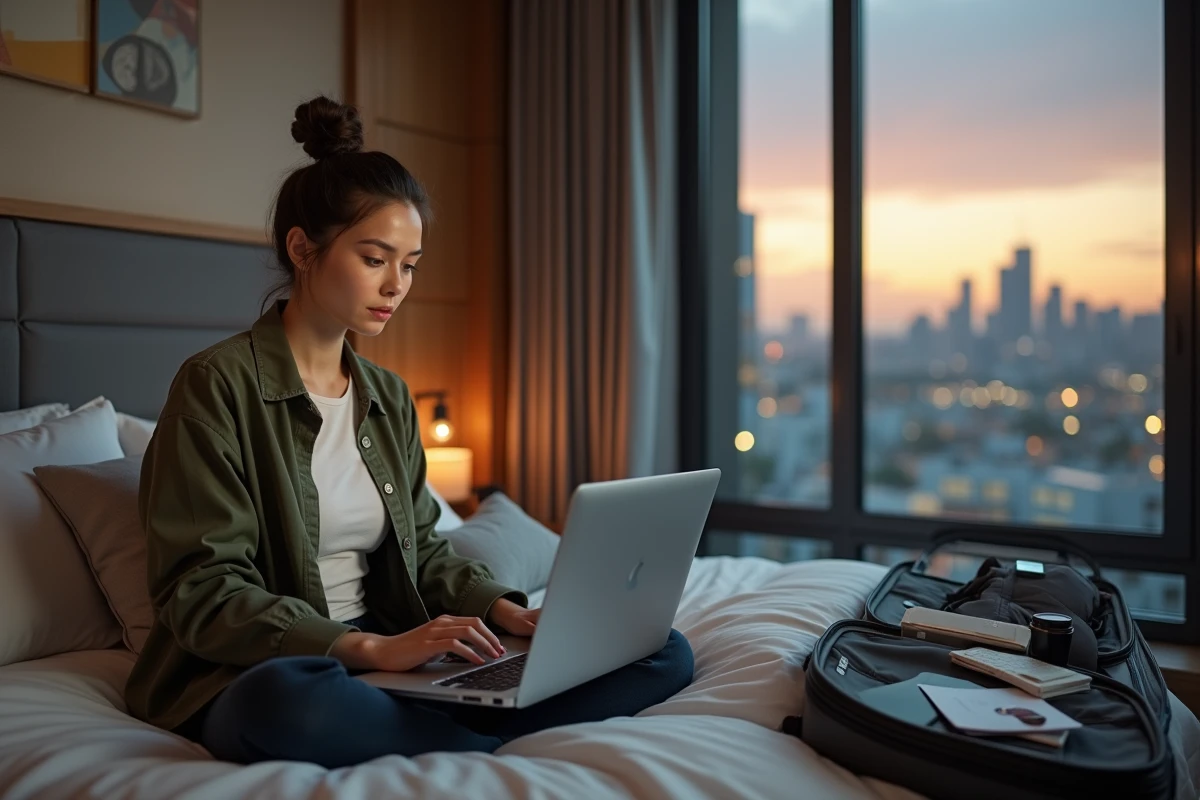 Jeune femme accédant à sa messagerie webmail depuis un ordinateur portable dans une chambre d'hôtel lors d'un voyage