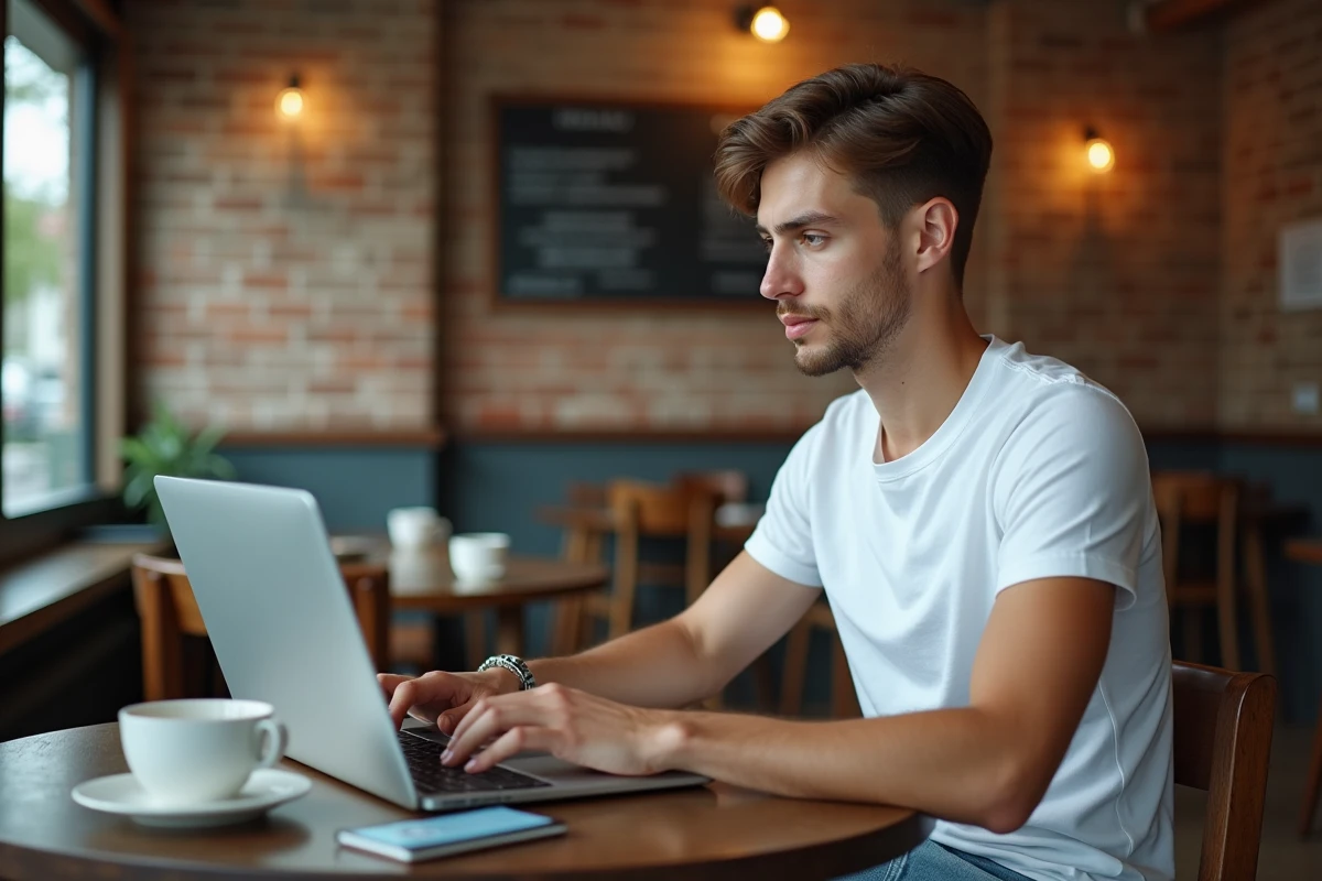 Jeune homme accédant à son webmail ac-rennes depuis un café avec son ordinateur portable et son smartphone