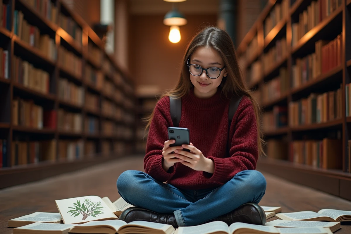 Adolescente utilisant Google Lens sur Android dans une bibliothèque pour identifier une illustration botanique