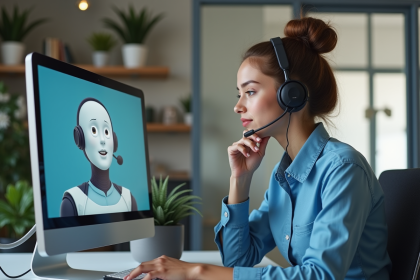 Agent service client avec casque et ecran chatbot