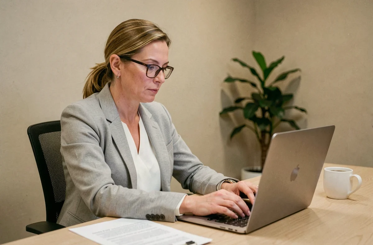Agente administrative consultant sa messagerie webmail sur un ordinateur portable dans un bureau du rectorat