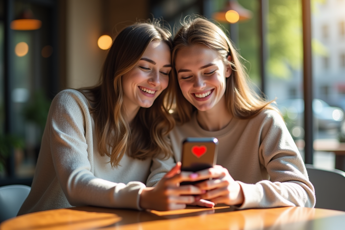 Deux amis souriants regardant un smartphone au café ensoleille