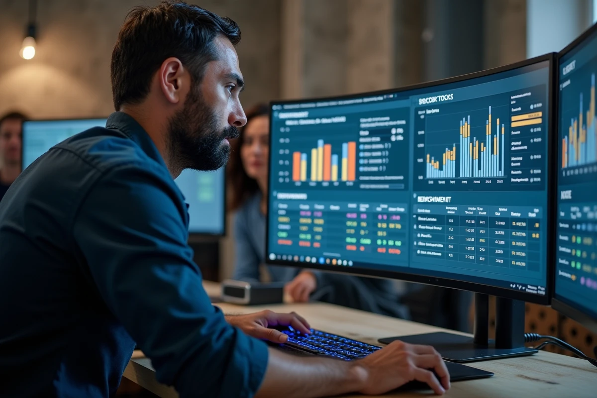 Homme analysant un outil de test PCS en ligne sur un grand écran ultrawide dans un bureau professionnel en open space