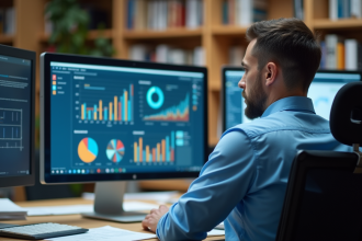 Homme concentré analysant des données sur un ordinateur au bureau