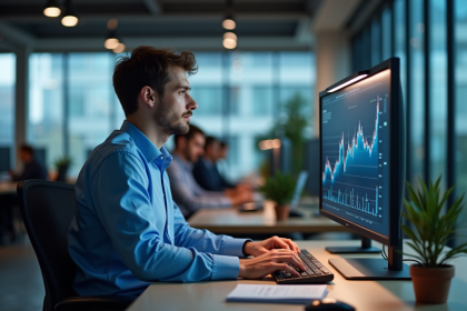Jeune homme concentré sur un écran d'analytique en open space