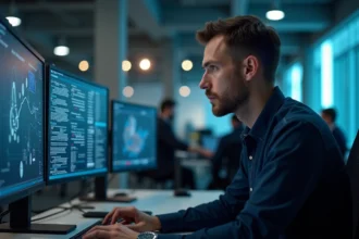 Analyste en cybersécurité travaillant sur l'architecture de sécurité avec des diagrammes réseau sur plusieurs écrans