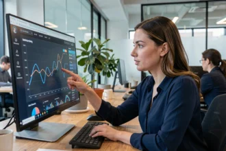 Femme analyste web examinant des statistiques de conversion sur un écran d'ordinateur dans un bureau moderne