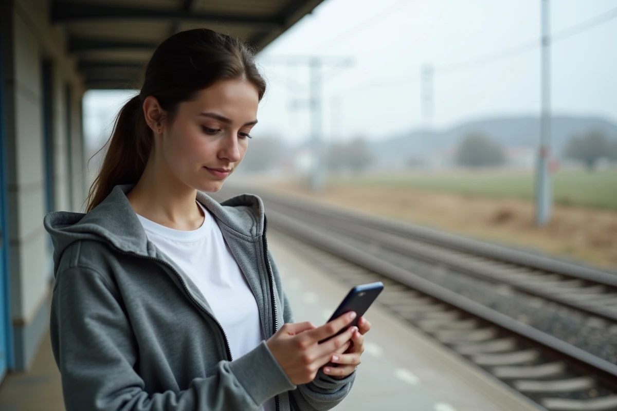 Jeune femme utilisant une application ENT sur smartphone dans une zone sans réseau en gare rurale