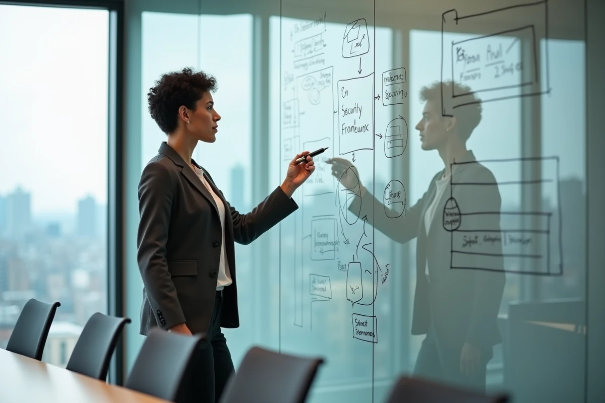 Architecte sécurité féminine expliquant un modèle de sécurité sur tableau blanc en salle de réunion