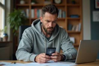 Homme tenant un Samsung Galaxy S23 avec écran fissuré, illustrant l'utilité d'une assurance mobile