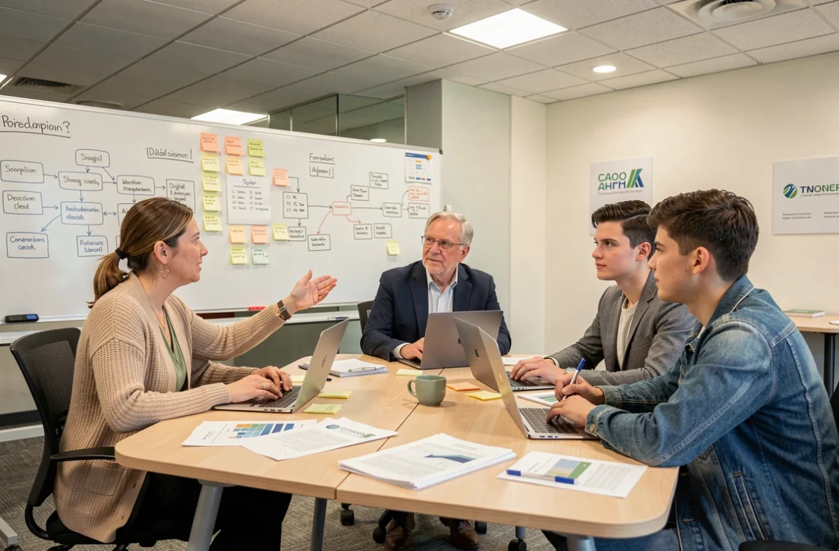 Atelier de transformation numérique avec des employés diversifiés collaborant autour de stratégies digitales en salle de formation