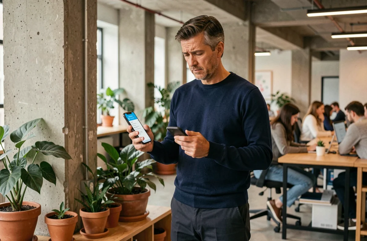 Homme consultant une notification d'authentification à deux facteurs sur son smartphone dans un espace de coworking