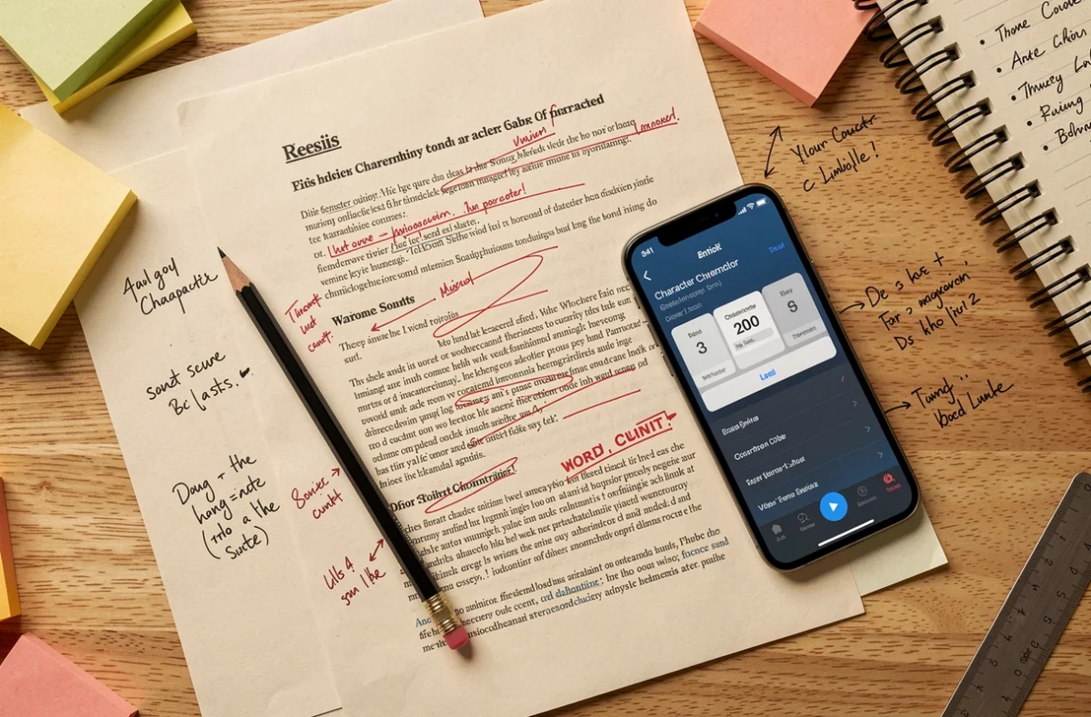 Vue aérienne d'un brouillon d'article annoté avec des comptes de caractères à la main et une application compteur sur smartphone