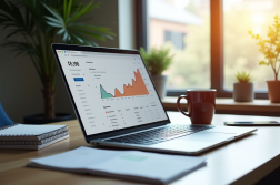 Espace de travail moderne avec ordinateur affichant des analyses marketing