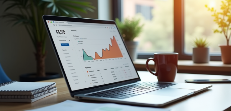Espace de travail moderne avec ordinateur affichant des analyses marketing