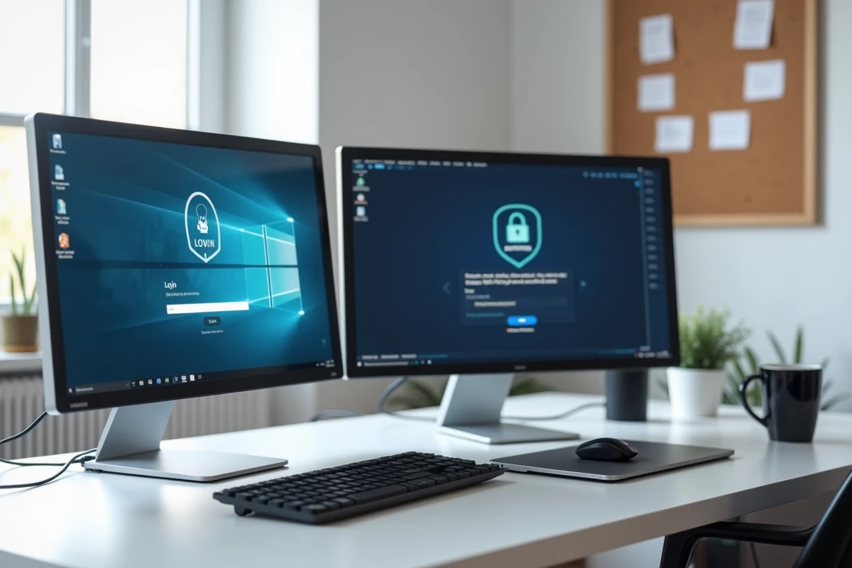 Bureau à domicile avec deux écrans affichant une interface de connexion sécurisée à un réseau client