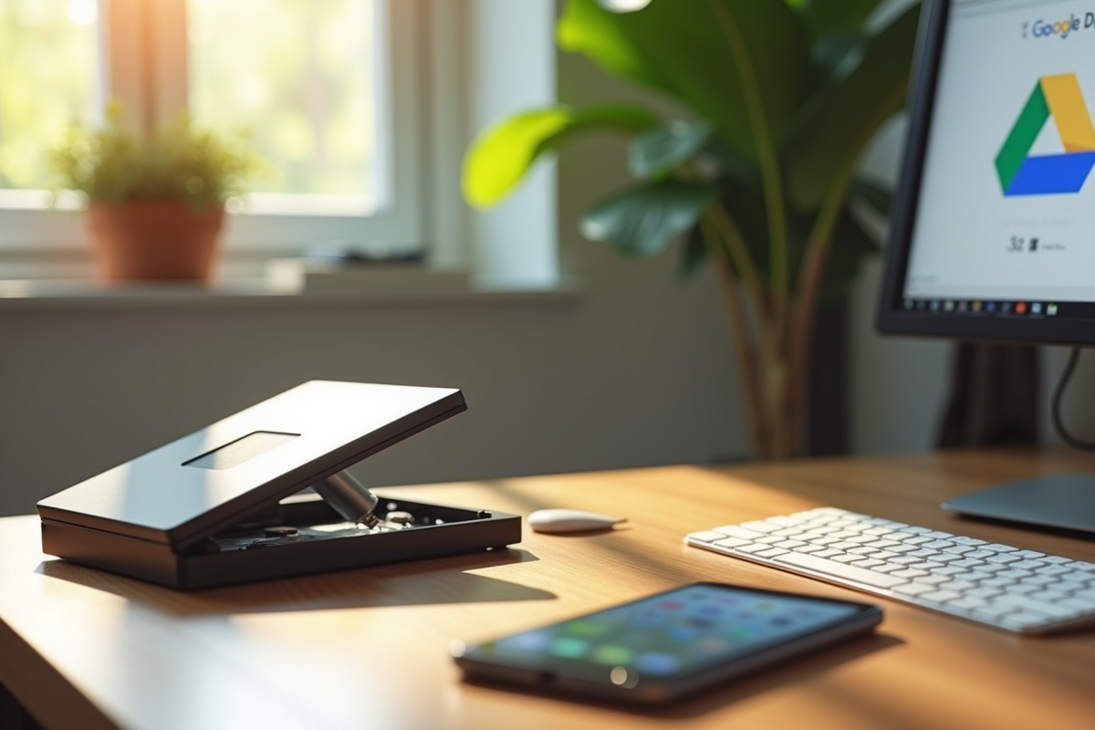 Bureau organisé avec disque dur externe et moniteur Google Drive