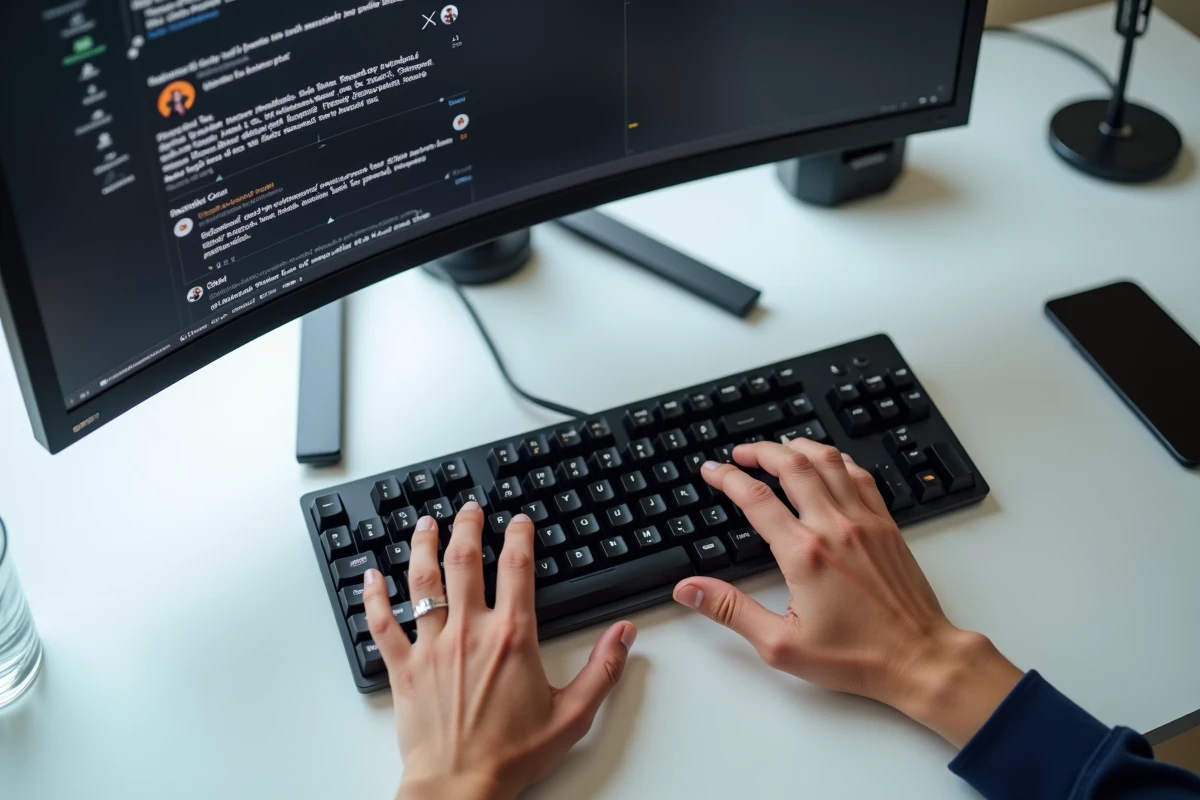 Mains tapant sur un clavier mécanique avec un forum JVC affiché à l'écran montrant une suppression de message