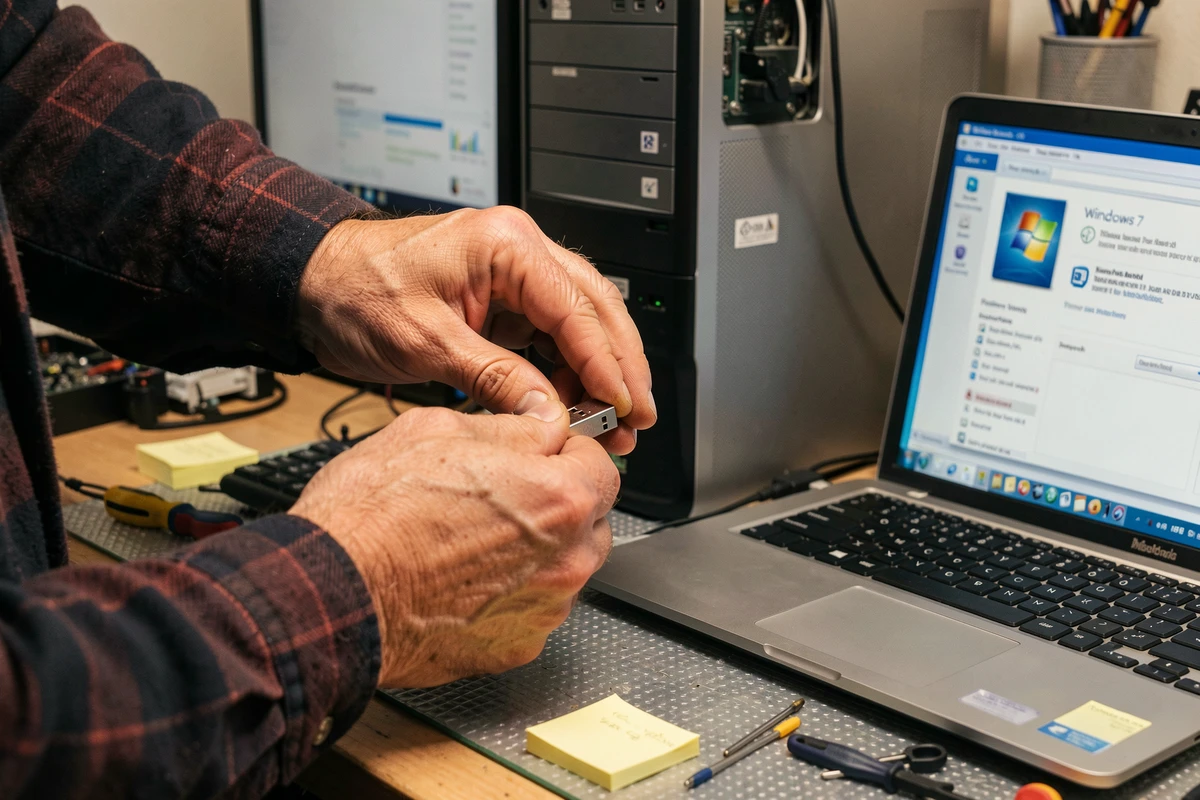 Mains insérant une clé USB bootable Windows 7 Professional dans un ordinateur de bureau
