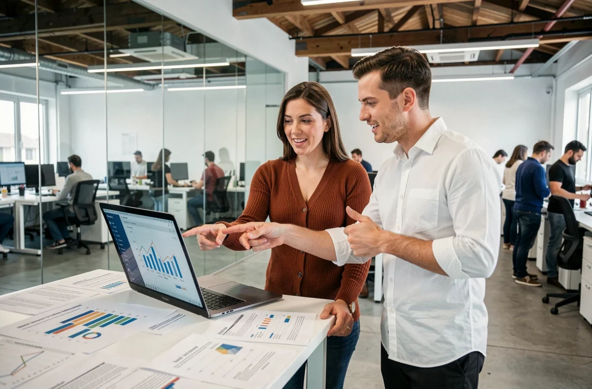 Deux collègues analysant ensemble des rapports de performance en ligne sur un ordinateur portable dans un espace de coworking