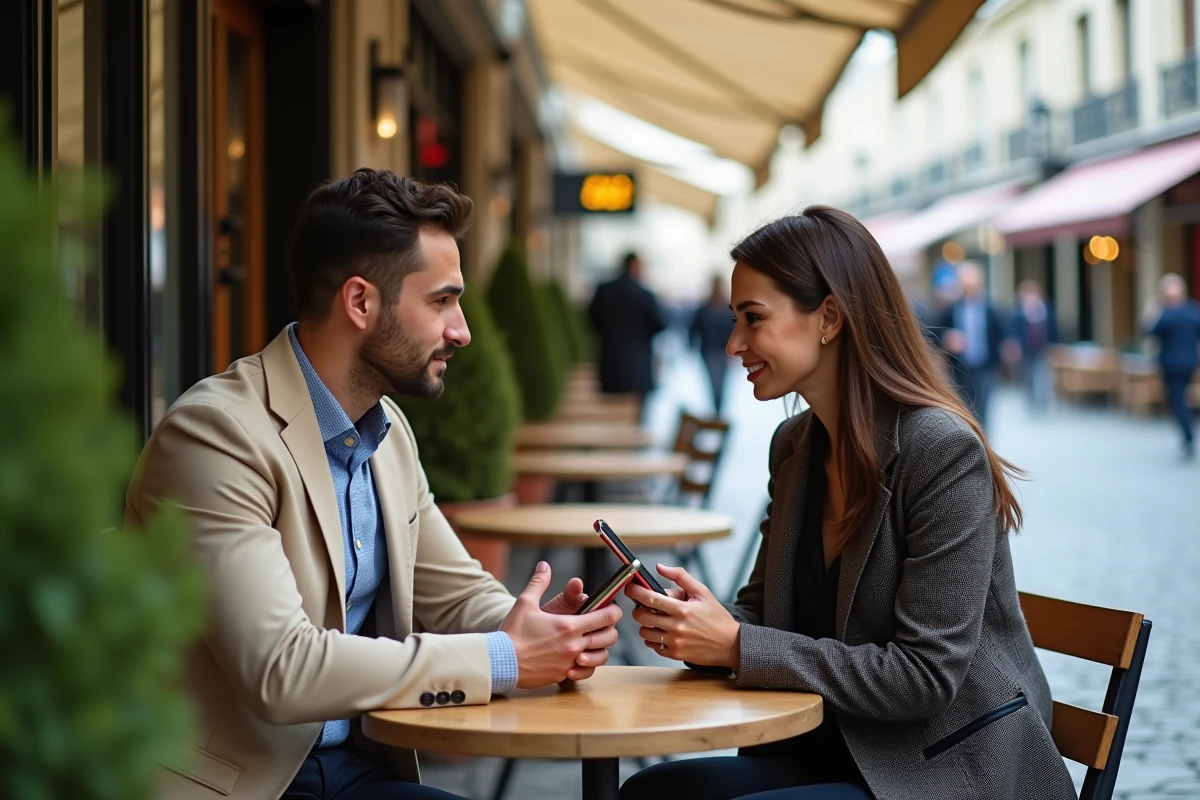 Deux collègues comparant des smartphones professionnels attablés en terrasse de café parisien