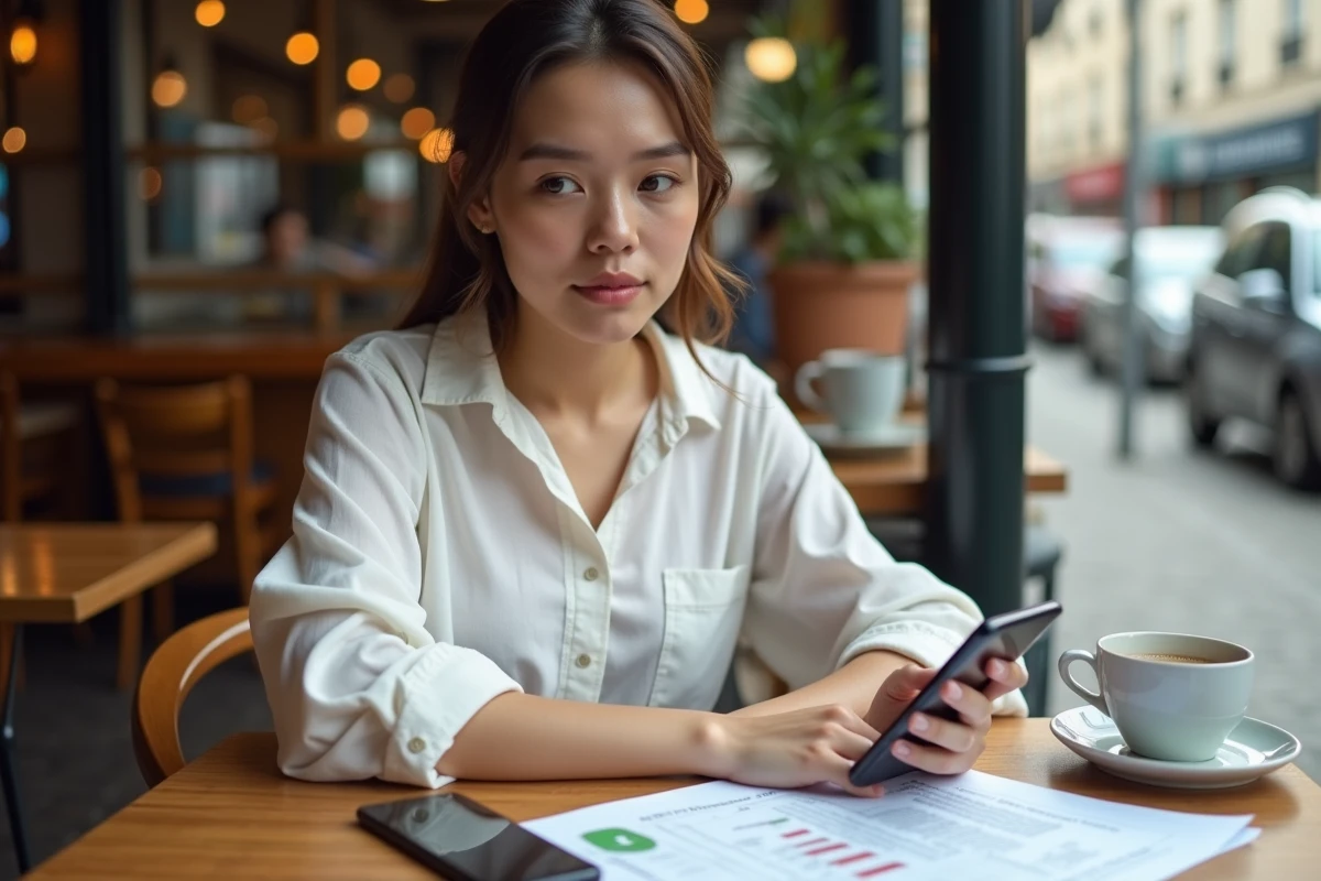 Femme comparant des offres d'assurance smartphone pour Galaxy S23 dans un café