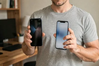 Homme tenant deux smartphones Android de tailles différentes pour comparer leur prise en main au quotidien