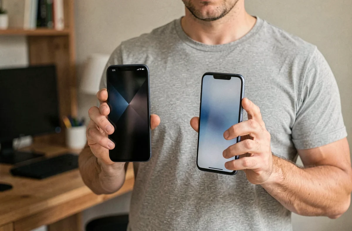 Homme tenant deux smartphones Android de tailles différentes pour comparer leur prise en main au quotidien