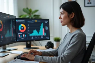 Femme comparant des résultats de tests PCS sur deux laptops dans un bureau moderne, graphiques de performance visibles sur les écrans