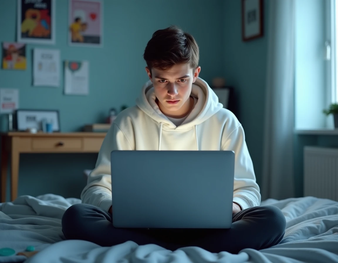 Adolescent lisant les paramètres de confidentialité sur son ordinateur dans sa chambre