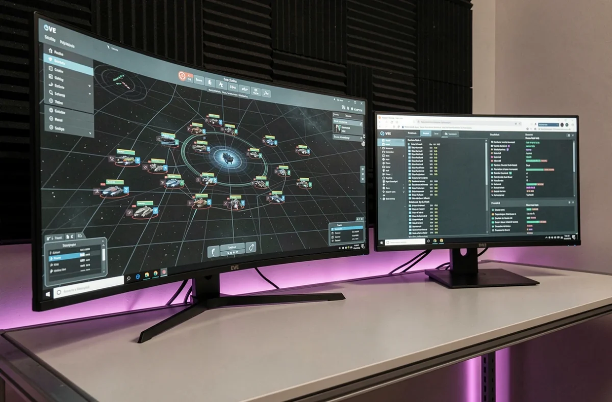 Double configuration d'écrans pour Eve Online avec moniteur ultrawide 21/9 et écran 1080p standard affichant l'interface fleet commander