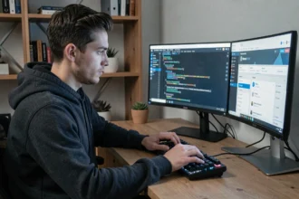 Développeur configurant une license key FiveM sur son serveur depuis un bureau à domicile avec double écran
