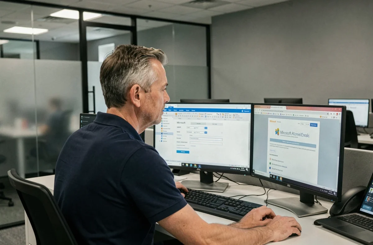Enseignant configurant le webmail Académie Bordeaux sur Outlook dans un bureau professionnel