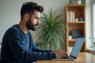 Homme configurant les redirections de messagerie sur son ordinateur portable dans un bureau à domicile