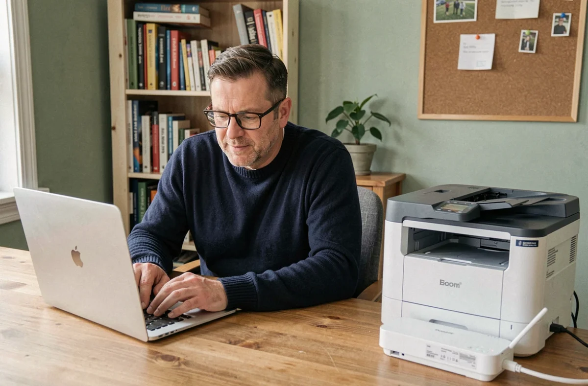 Homme configurant les paramètres de scan réseau sur un ordinateur portable avec une imprimante multifonction à domicile