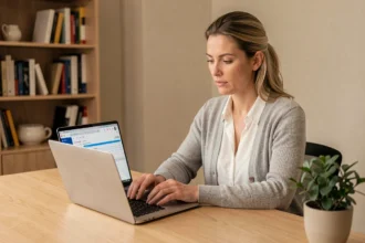 Femme configurant un compte webmail académique sur Outlook depuis son bureau à domicile