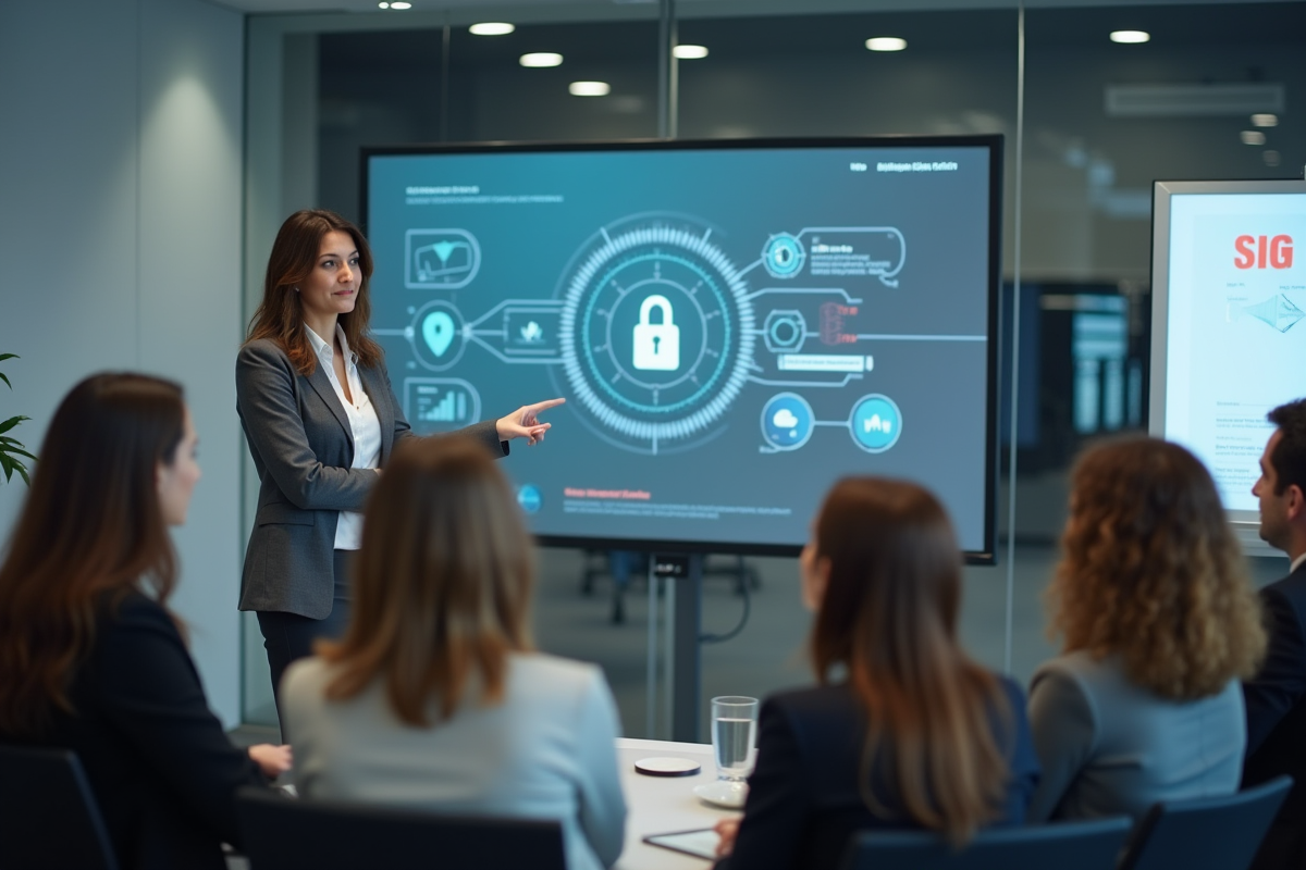 Femme donnant une formation sur la sécurité informatique en réunion
