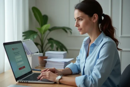 Femme connectée à sa messagerie académique Aide mel sur un ordinateur portable dans un bureau à domicile