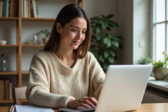 Femme travaillant depuis chez elle sur un ordinateur portable pour se connecter à un réseau client à distance