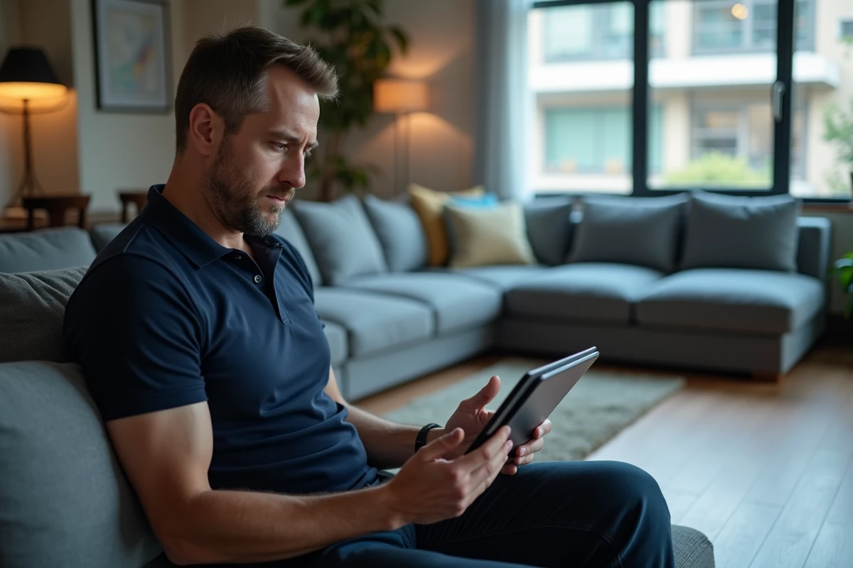 Homme connecté à distance à un réseau client depuis son salon via une tablette numérique