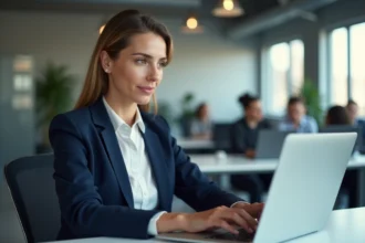 Femme professionnelle connectée à sa messagerie webmail sur un ordinateur portable dans un bureau moderne