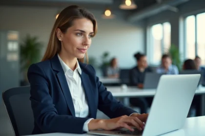 Femme professionnelle connectée à sa messagerie webmail sur un ordinateur portable dans un bureau moderne
