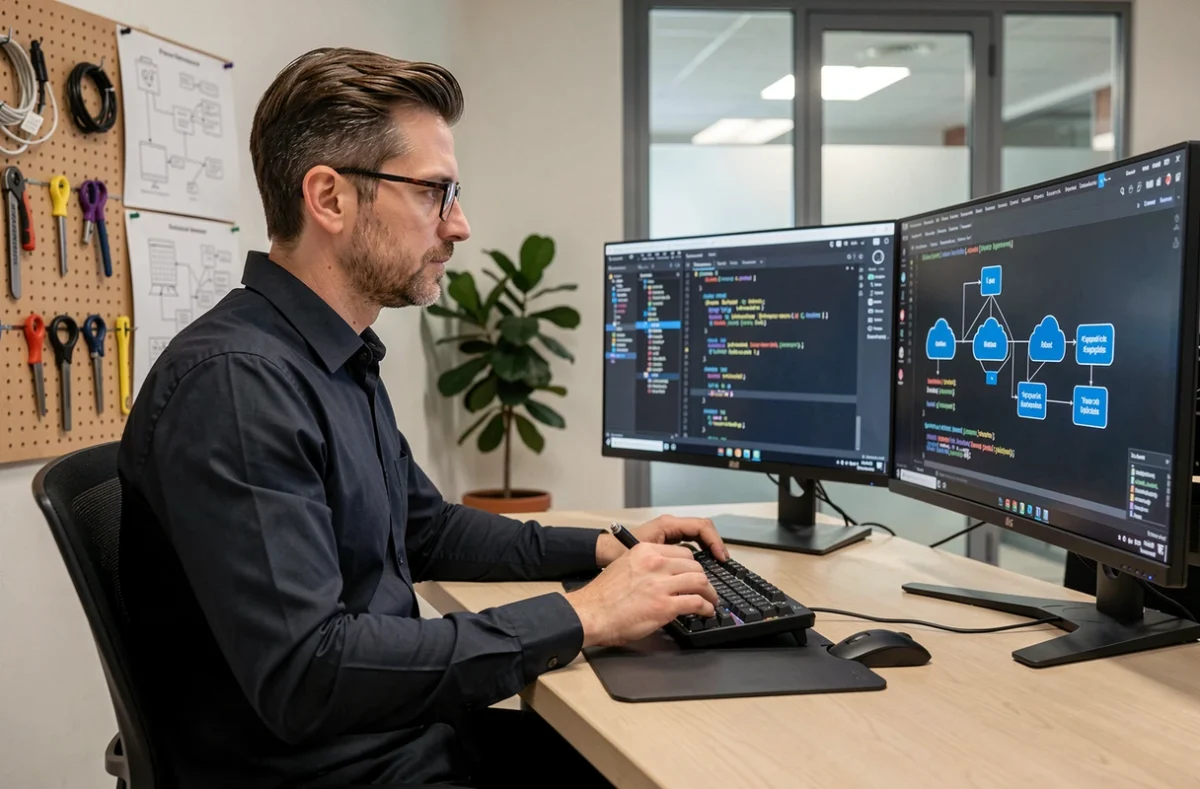 Consultant informatique masculin travaillant sur des infrastructures cloud et des solutions numériques dans un bureau high-tech
