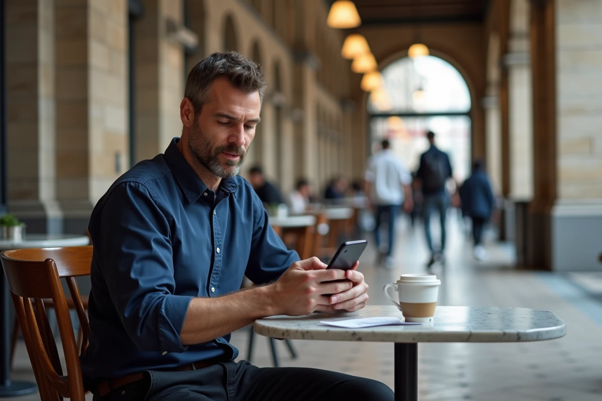 Homme consultant sa messagerie webmail sur smartphone dans un café de gare pendant un déplacement professionnel