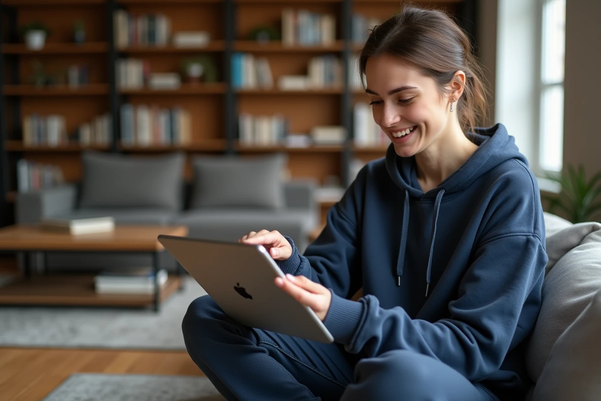 Jeune femme consultant un dossier de courriels supprimés sur une tablette dans un salon confortable
