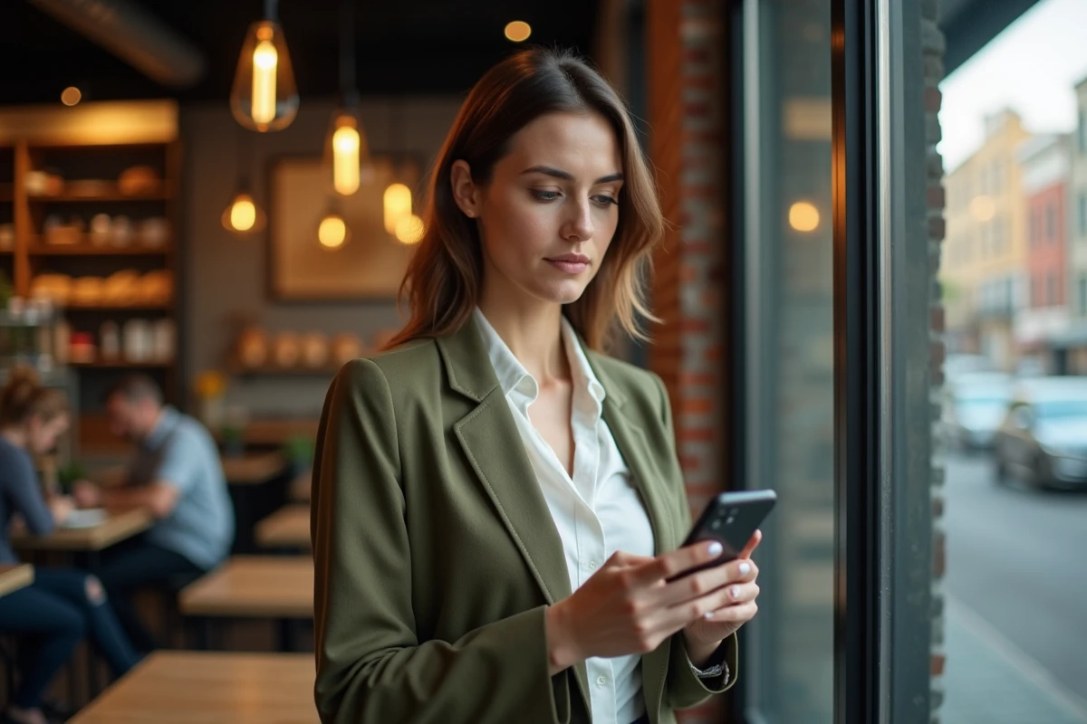 Femme utilisant son téléphone en mode discret pour visionner des stories Instagram dans un café urbain