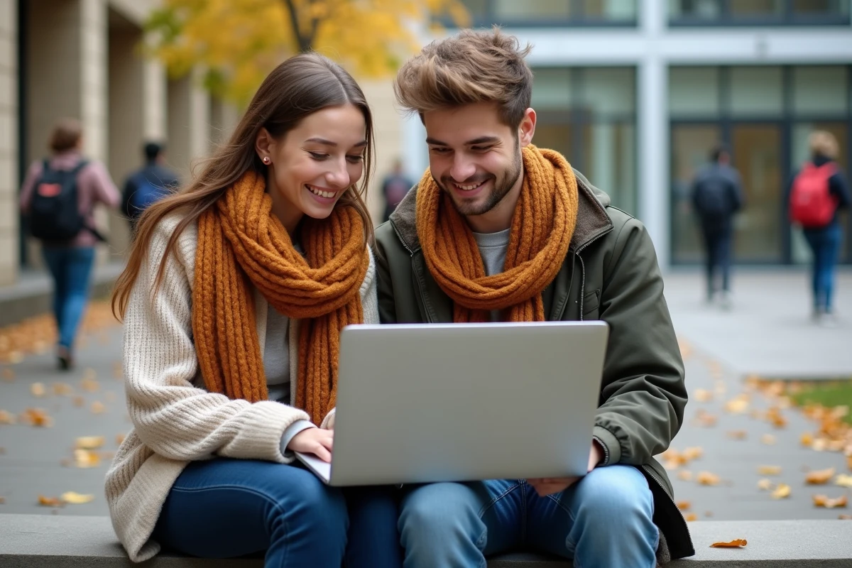 Deux étudiants consultant ensemble le portail en ligne UHA e Service sur un campus universitaire à Mulhouse en automne